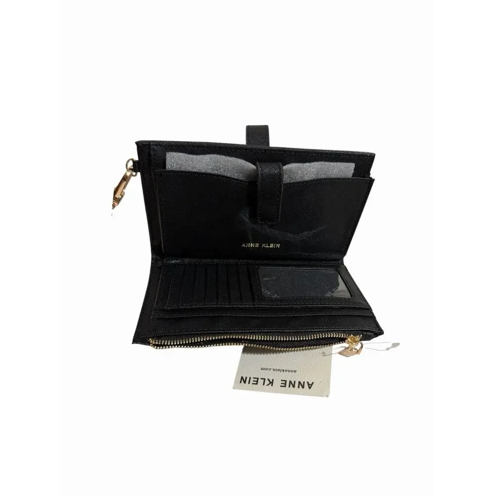 Anne Klein Black Bifold Wristlet With Bridge-Clip Closure Wallet Gold Hardware